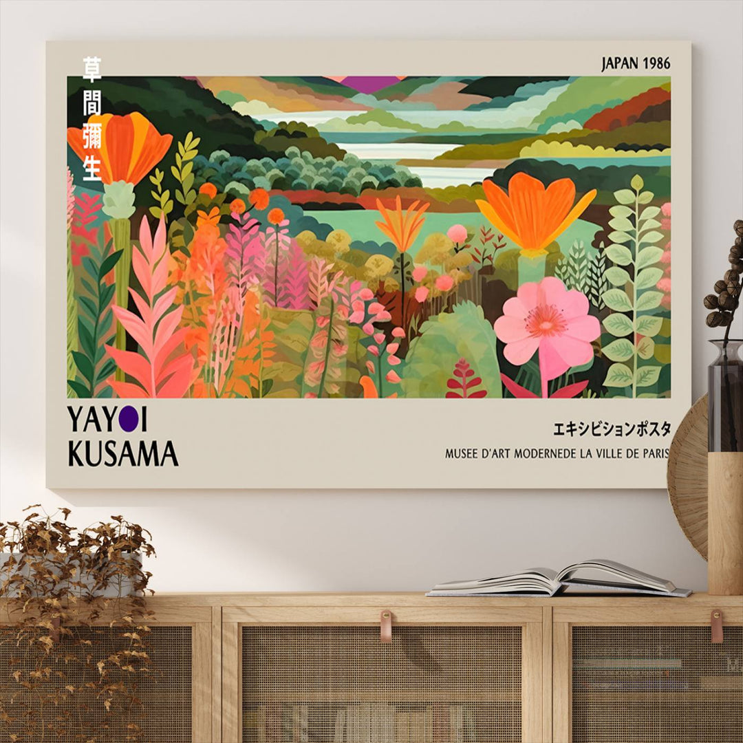 A vibrant 1986 Yayoi Kusama abstract landscape featuring flowers and hills on a canvas wall art print, ready-to-hang.