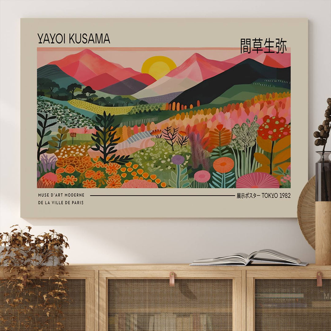 A vibrant abstract triptych features mountains, a sun, and plants in Yayoi Kusamas style with Japanese and French text included.