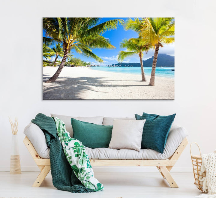 Blue Beach and Sea Wall Art Canvas Print: showcases a tropical scene with palm trees, white sand, and turquoise water.