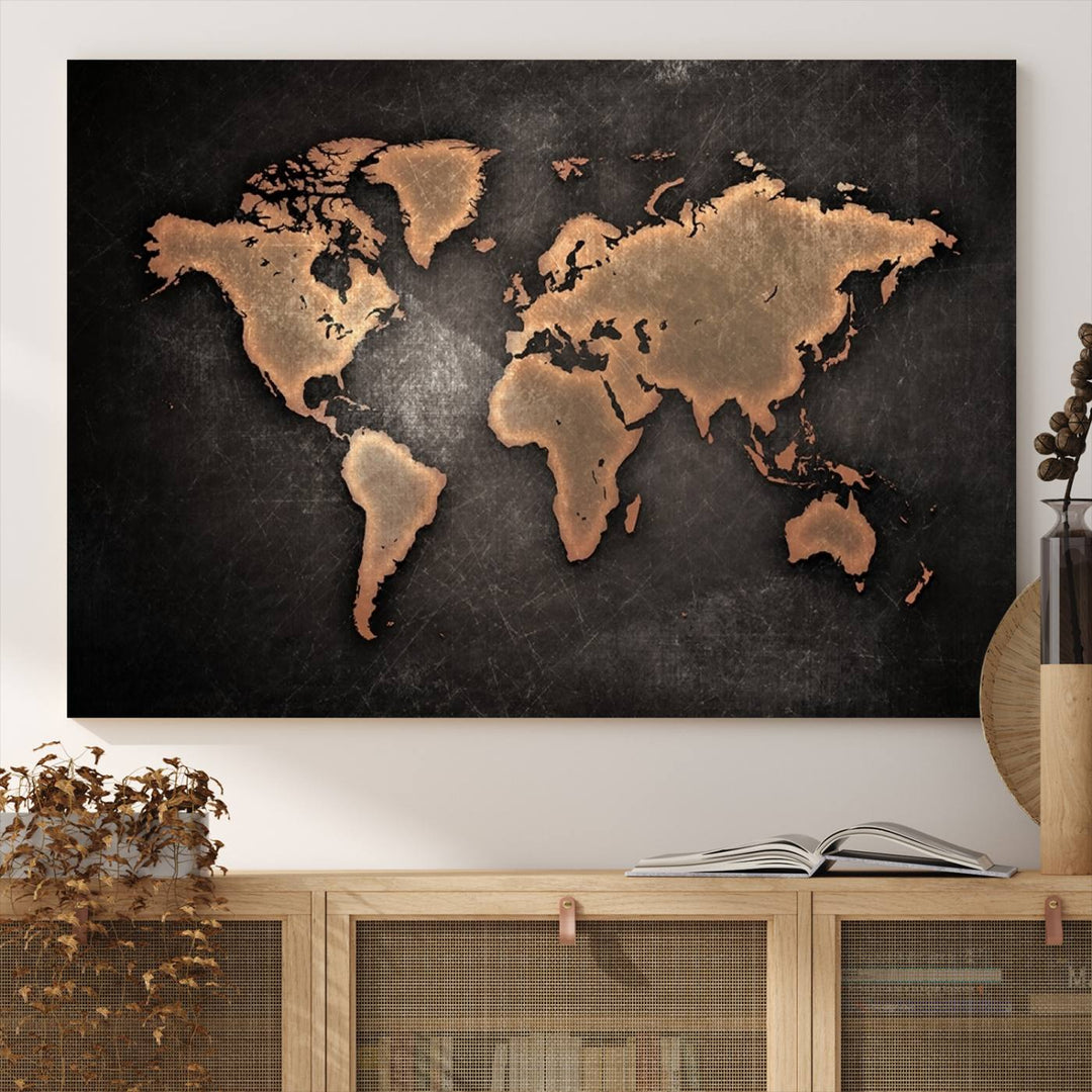 The Modern World Map on a metallic black canvas creates a striking effect.