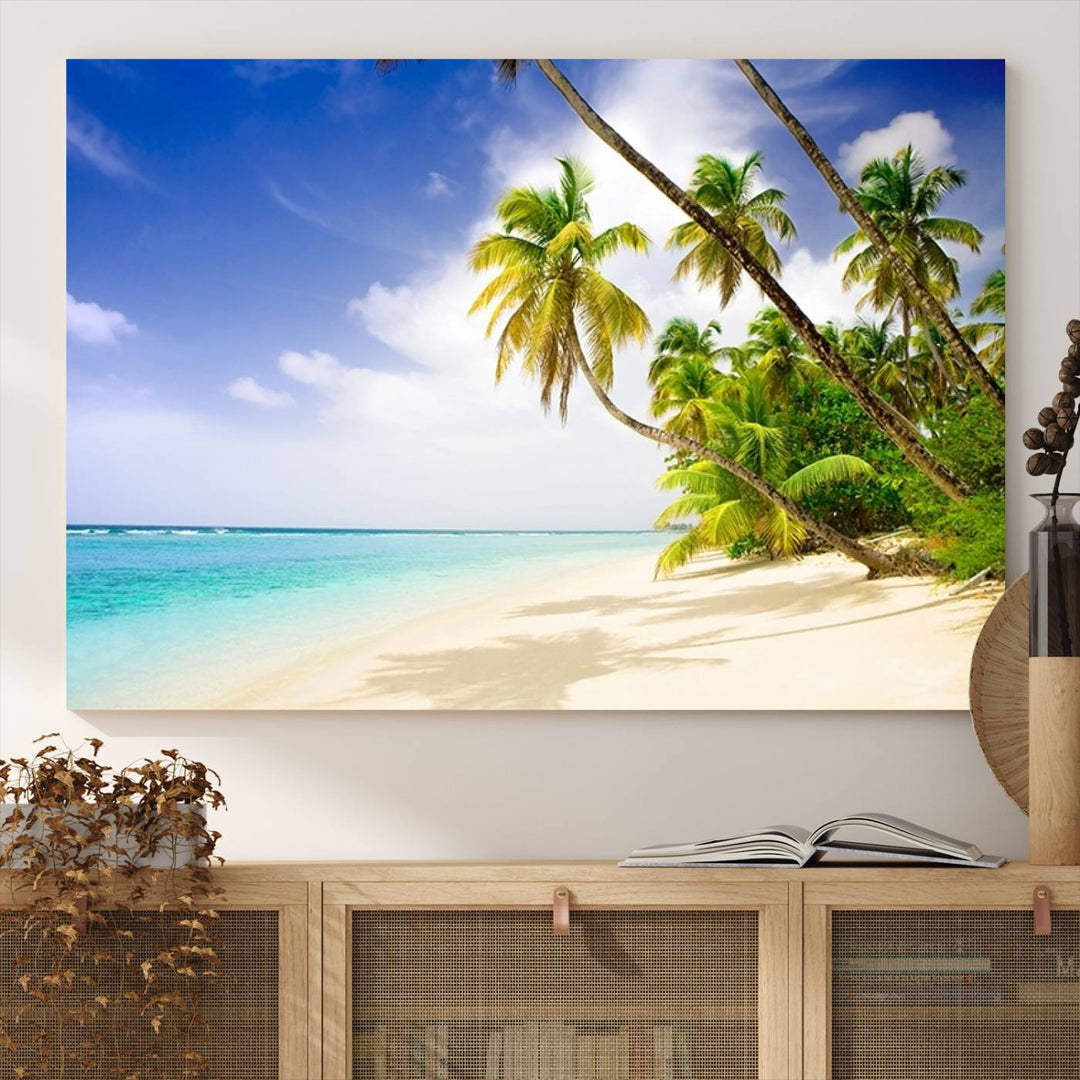 Tropical Beach Canvas: Palm Trees & White Sand Shore Decor, Vibrant Coastal Print, Ready to Hang.