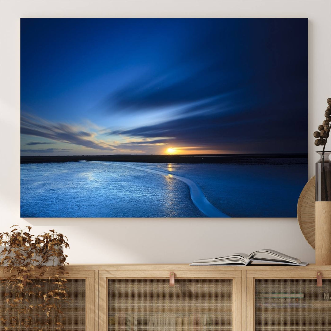 A blue sunset ocean canvas wall art print.