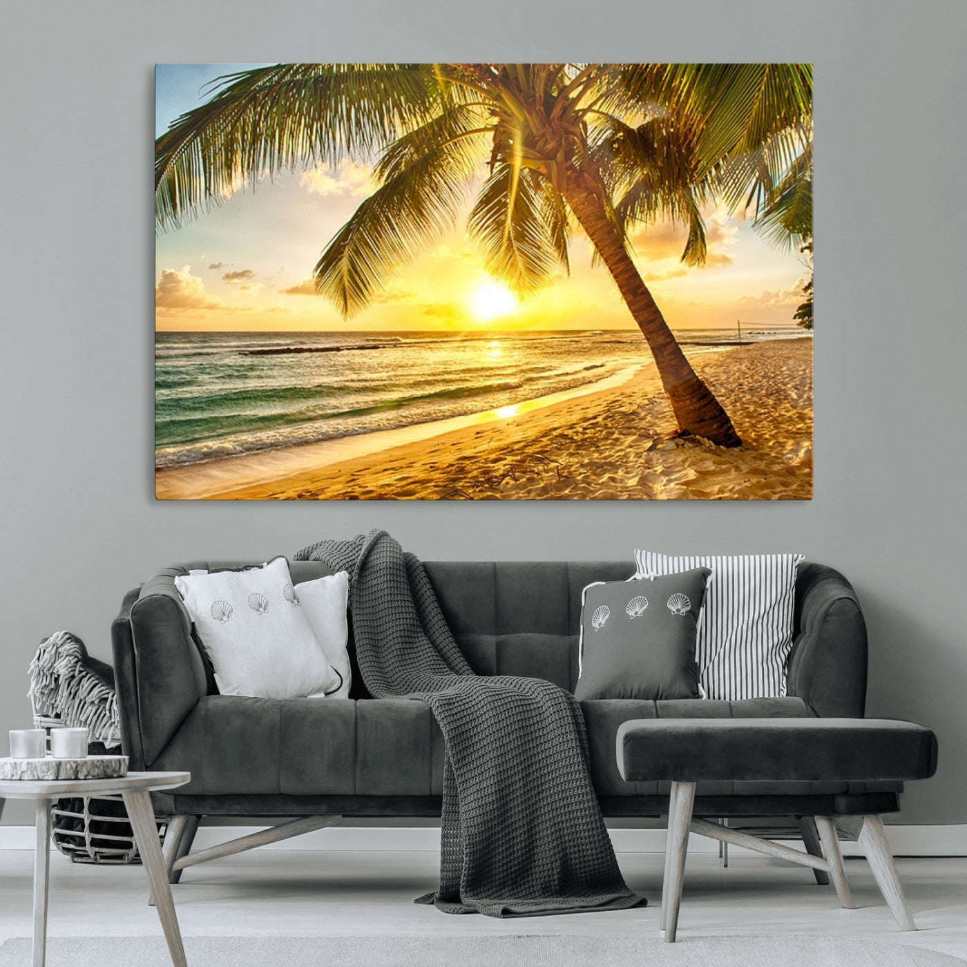 MGV-CV-36X24 - Beach Sunset Canvas Wall Art Print - Tropical Beach Canvas Wall Art Print – Vibrant Palm Trees and
