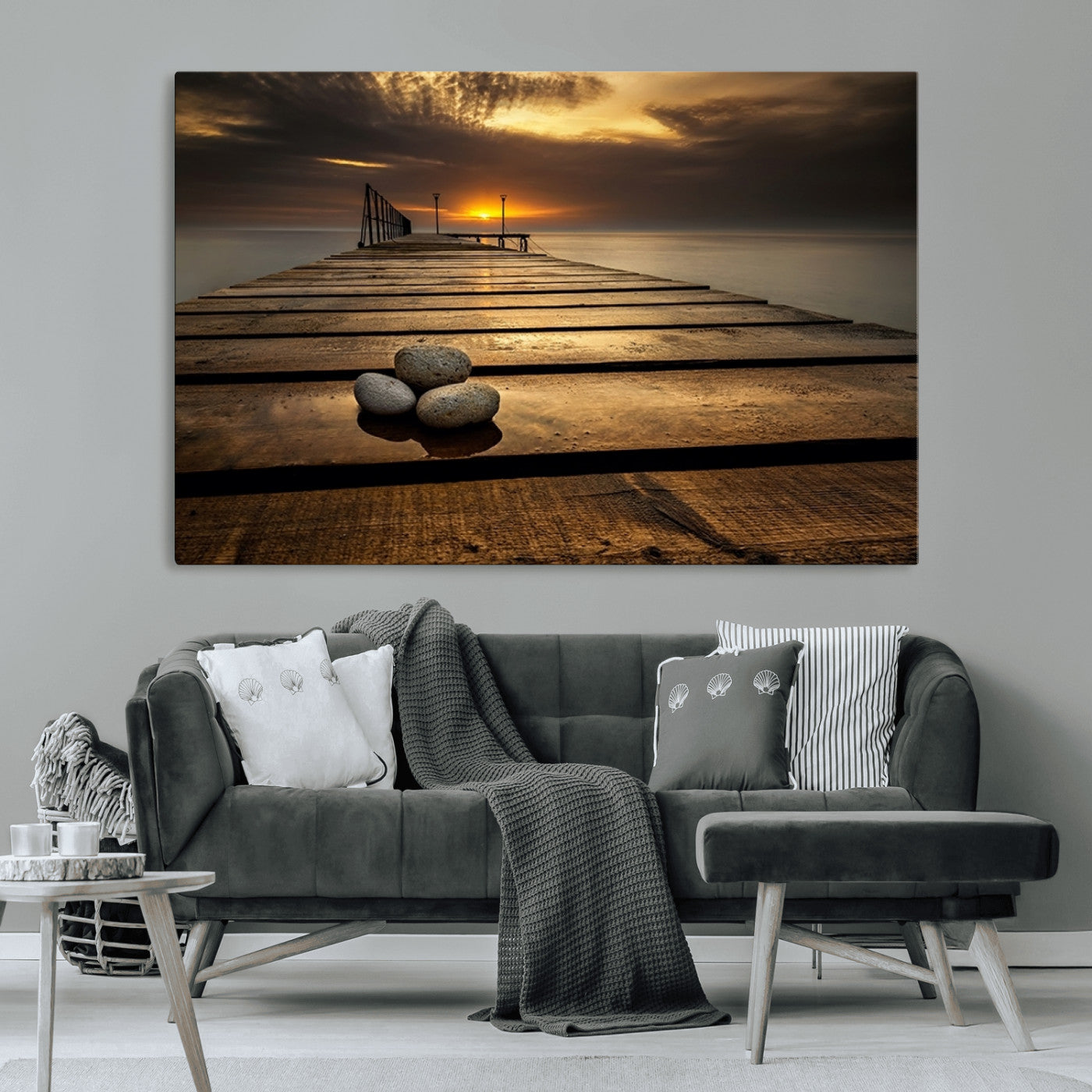 MGV-CV-36X24 - Stones on Wooden Pier at Sunset Canvas Print, Serene Coastal Wall Art, Beach Sunset Photography,