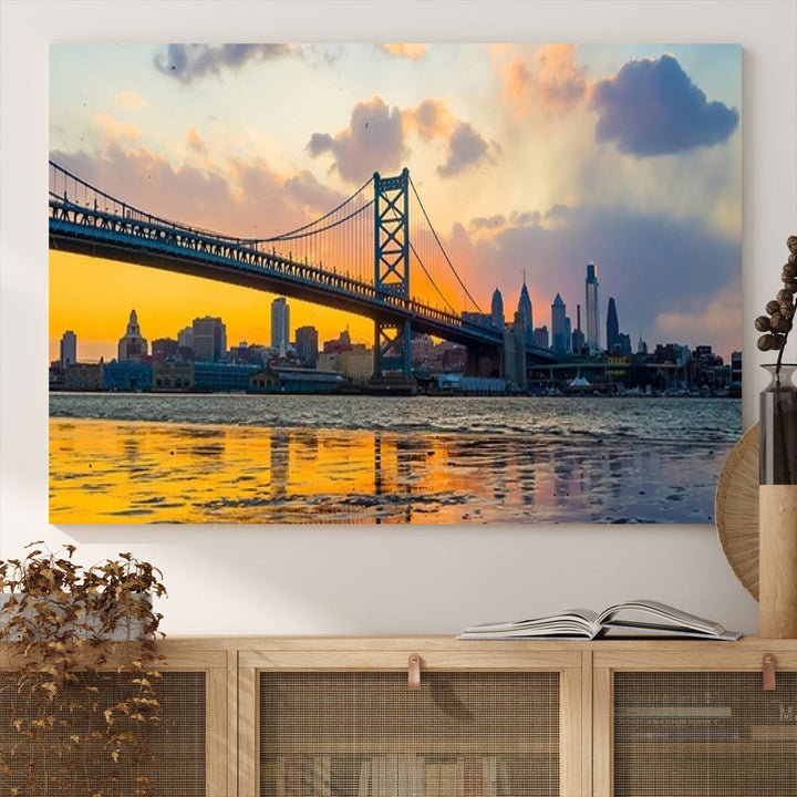 Ben Franklin Bridge Wall Art Print – Philadelphia Skyline Sunset Canvas Print.