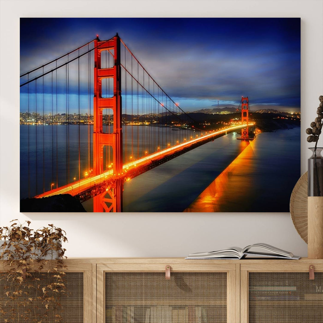 The living room features a large San Francisco canvas art piece—a stunning triptych of the Golden Gate Bridge at twilight, known as the "Large Wall Art San Francisco Canvas Print - Wonderful Golden Gate Bridge at Twilight.