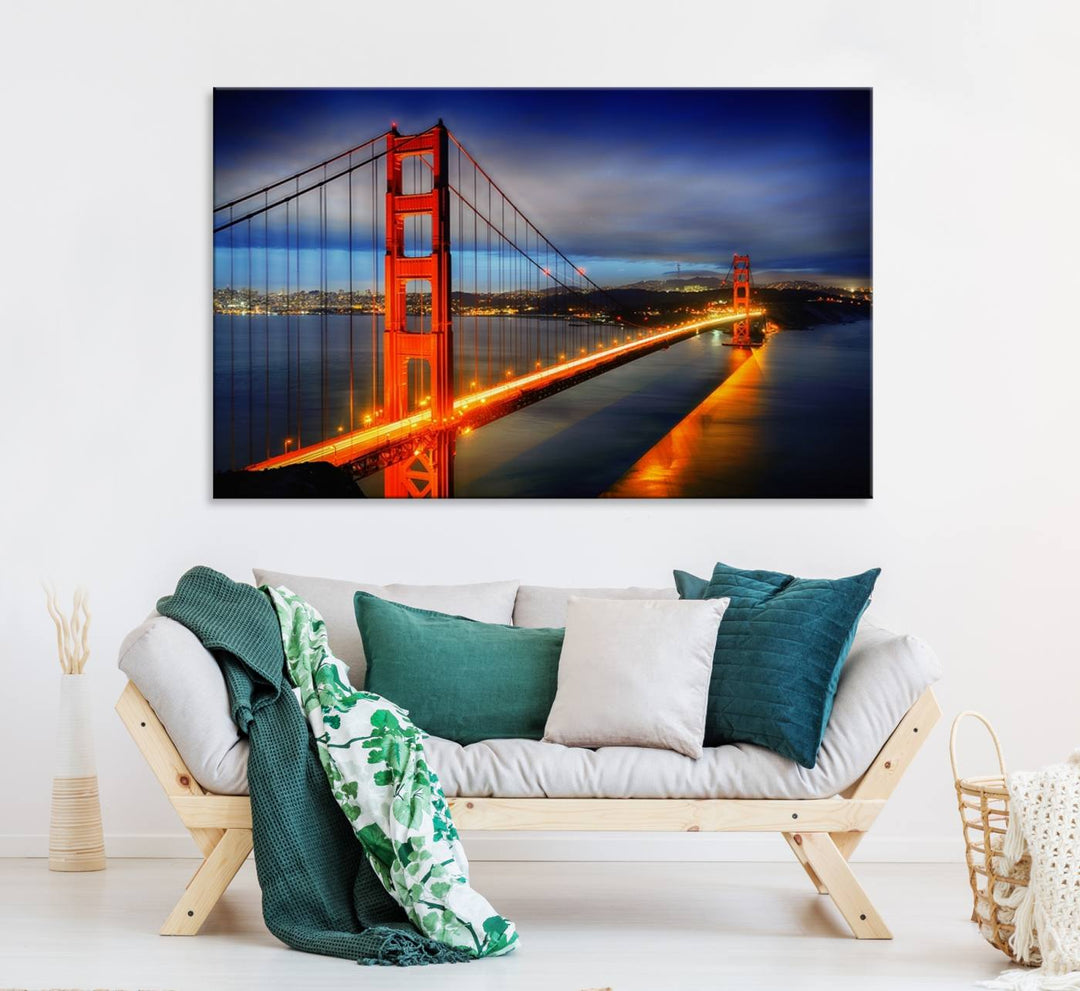 A large wall art San Francisco canvas print of the Golden Gate Bridge at twilight is displayed on a porch.