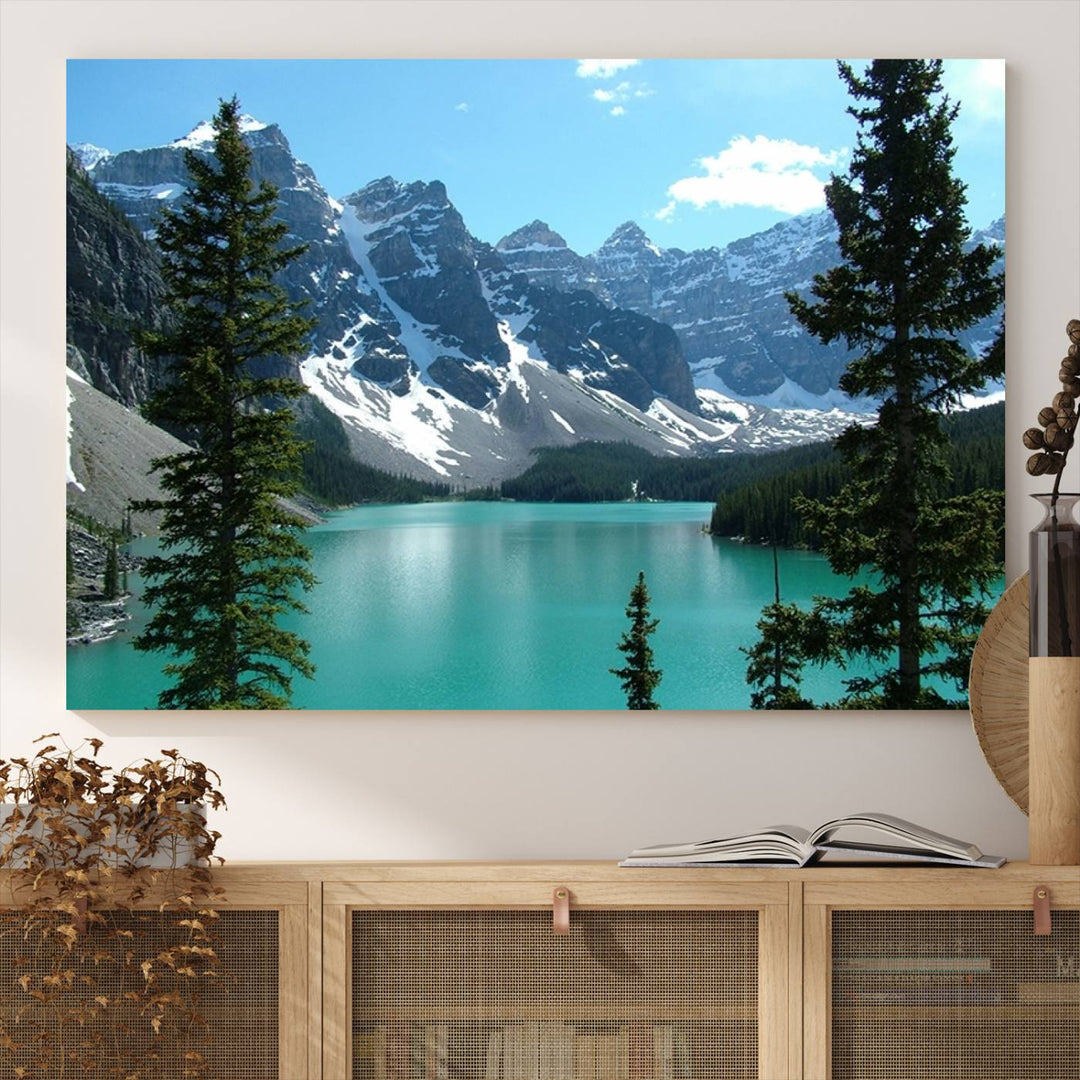 Canadian Rockies Moraine Lake Landscape Canvas Print showcasing a turquoise lake and mountain view.