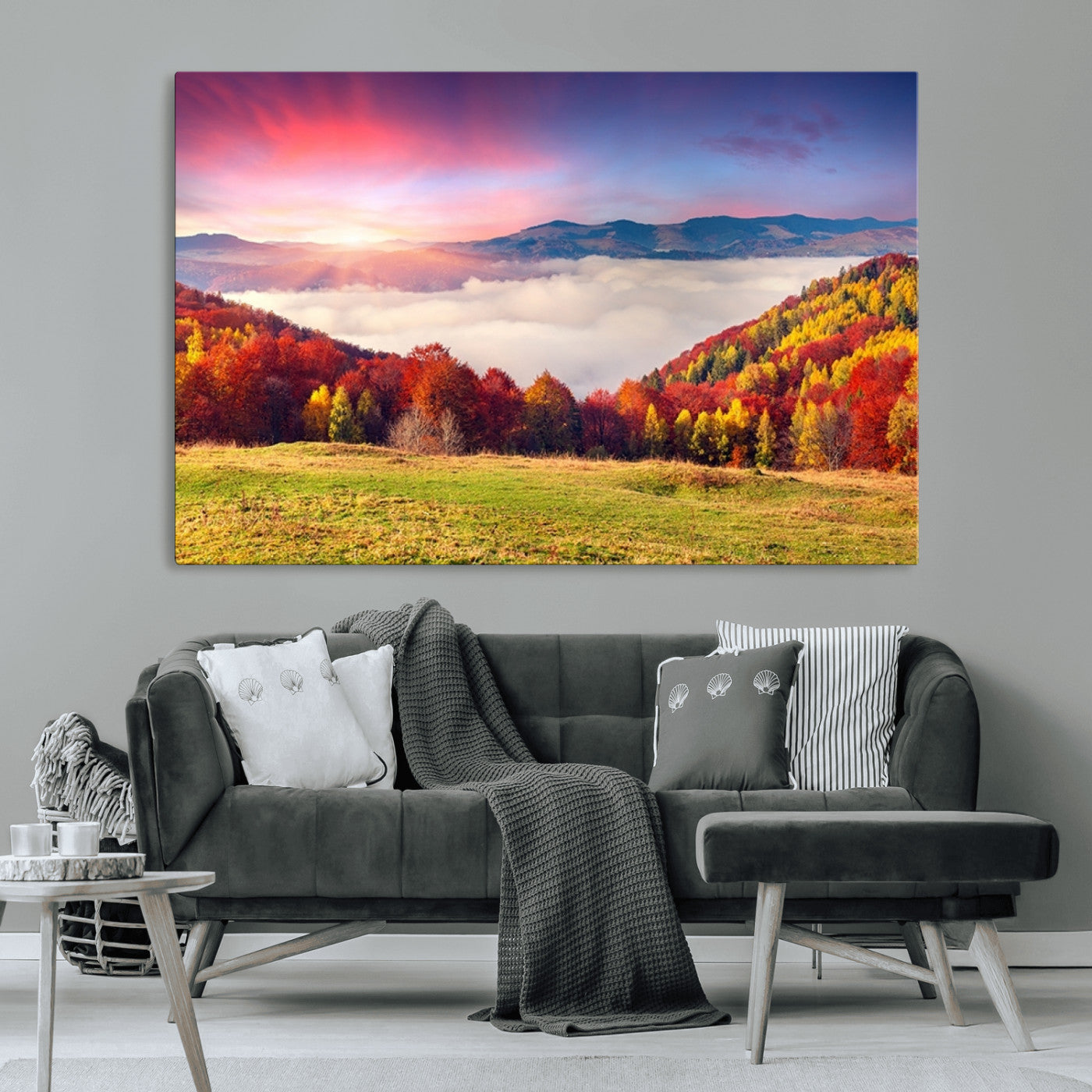 MGV-CV-36X24 - Autumn Mountain Foggy Landscape Wall Art Canvas Print | Beautiful Forest Canvas Print | Misty