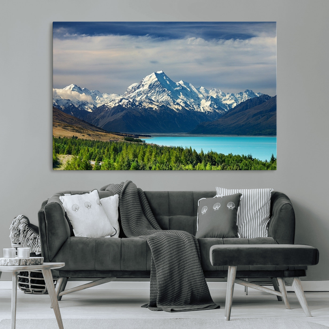 MGV-CV-36X24 - Mount Cook and Lake Pukaki Canvas Wall Art Print – Majestic Snow-Capped Peaks and Serene Lake Wall