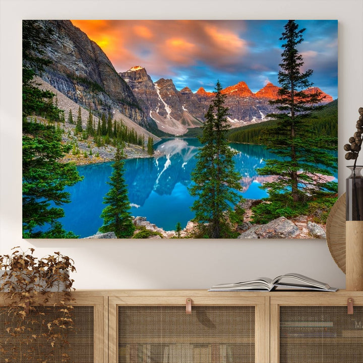 Canadian Rockies Moraine Lake Wall Art Canvas Print, Pine Trees Mountain Spring Canvas Print 