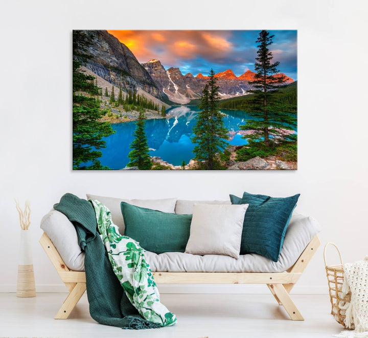 The dining room features a stunning piece of wall art depicting the Canadian Rockies Moraine Lake.