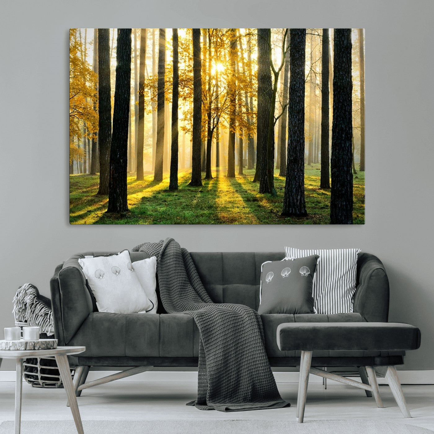 MGV-CV-36X24 - Sunlit Forest Canvas Wall Art – Serene Woodland Triptych Landscape Print – Nature-Inspired Decor for