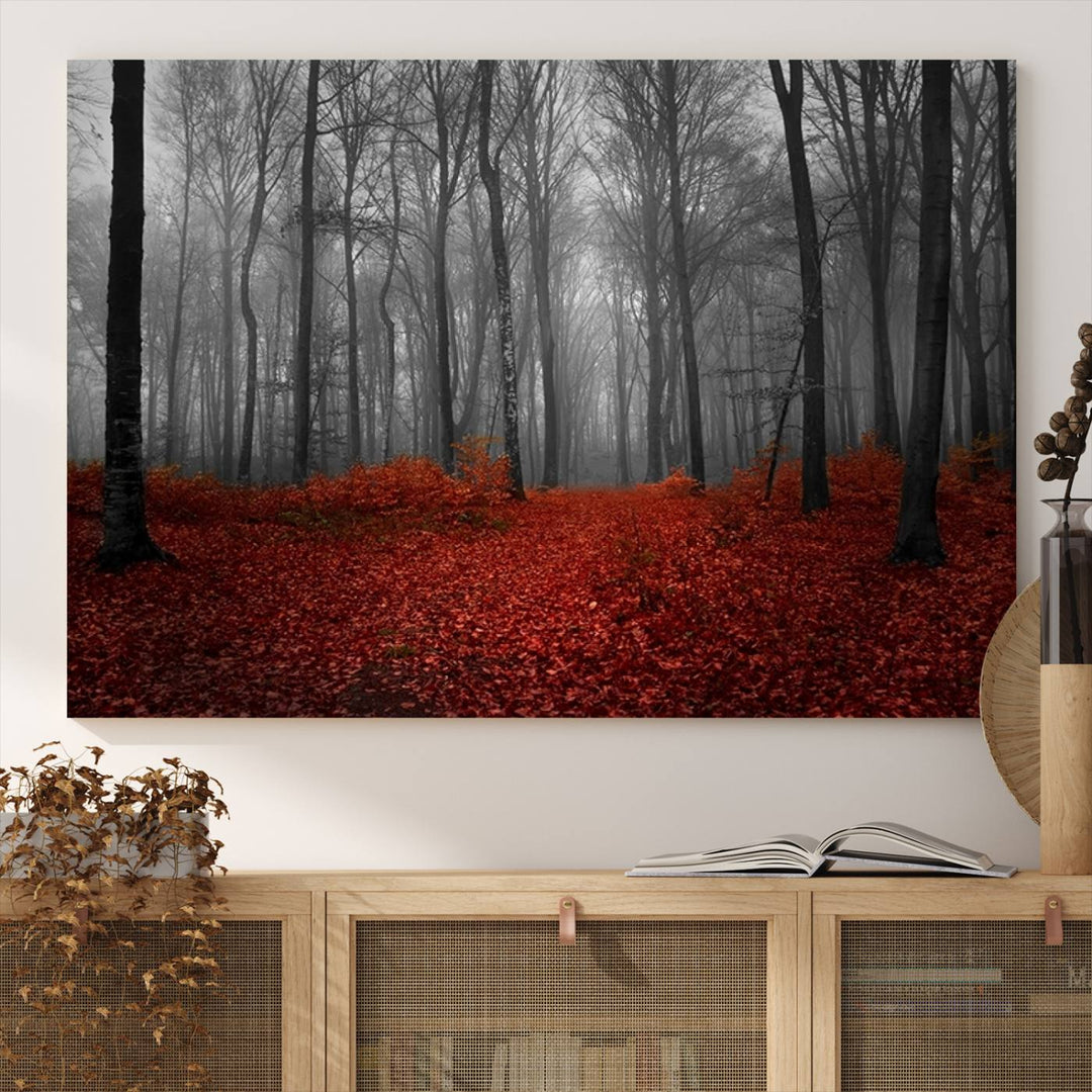 A large, museum-quality canvas print titled Wonderful Forest with Red Leaves.