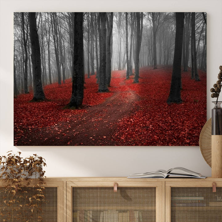 Wonderful Forest artwork: Triptych with red leaves, ideal for nature lovers.