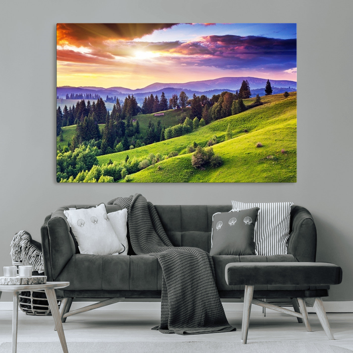 MGV-CV-36X24 - Green Hills and Sunset Wall Art Print - Scenic Landscape with Lush Greenery and Vibrant Sky, Ready