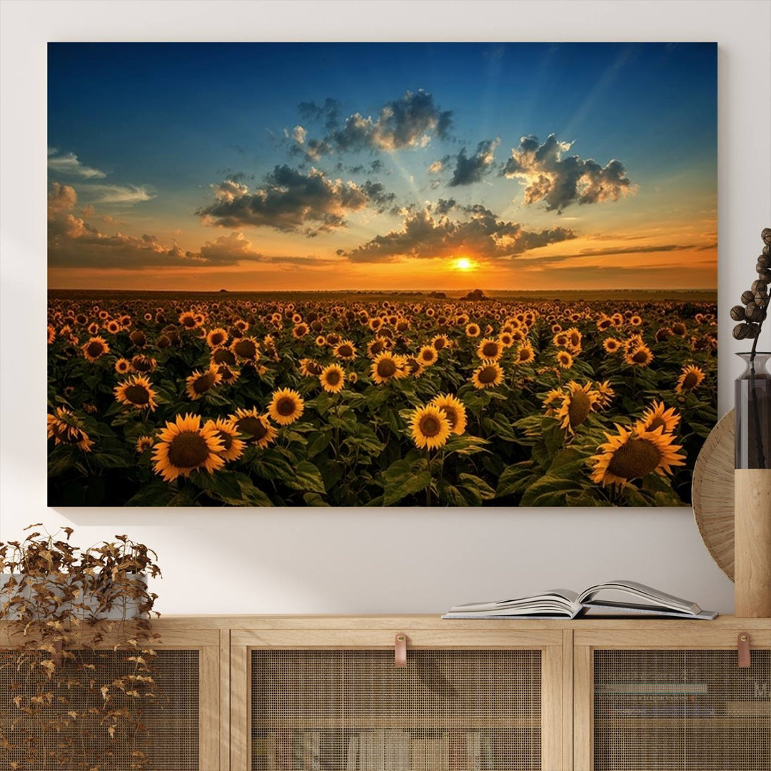 The dining area features the Sunflower Field Sunset Wall Art Canvas Print.