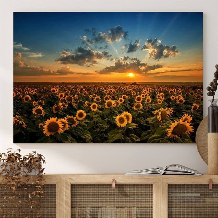 The dining area features the Sunflower Field Sunset Wall Art Canvas Print.