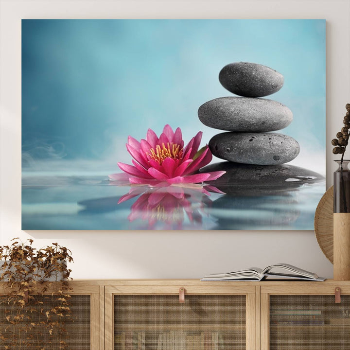 The dining room features a Zen Serenity Triptych wall art, showcasing a calming depiction of lotus flowers and balancing stones.