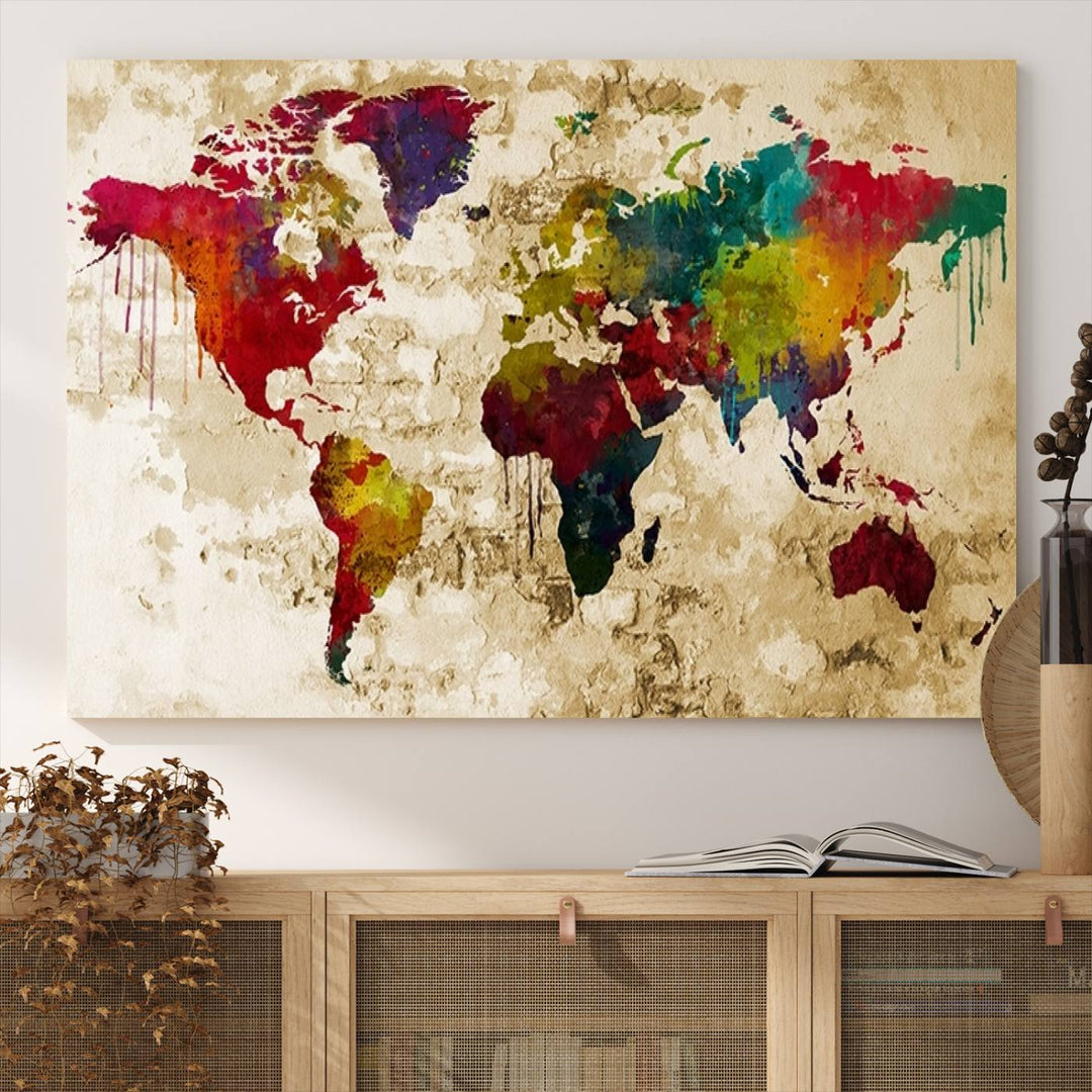 Wall Art World Map Canvas Print Rainbow Colored Vintage Style World Map