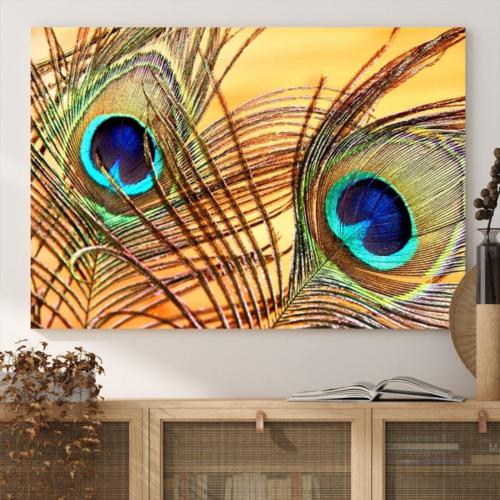 The room features vibrant peacock feather wall art.