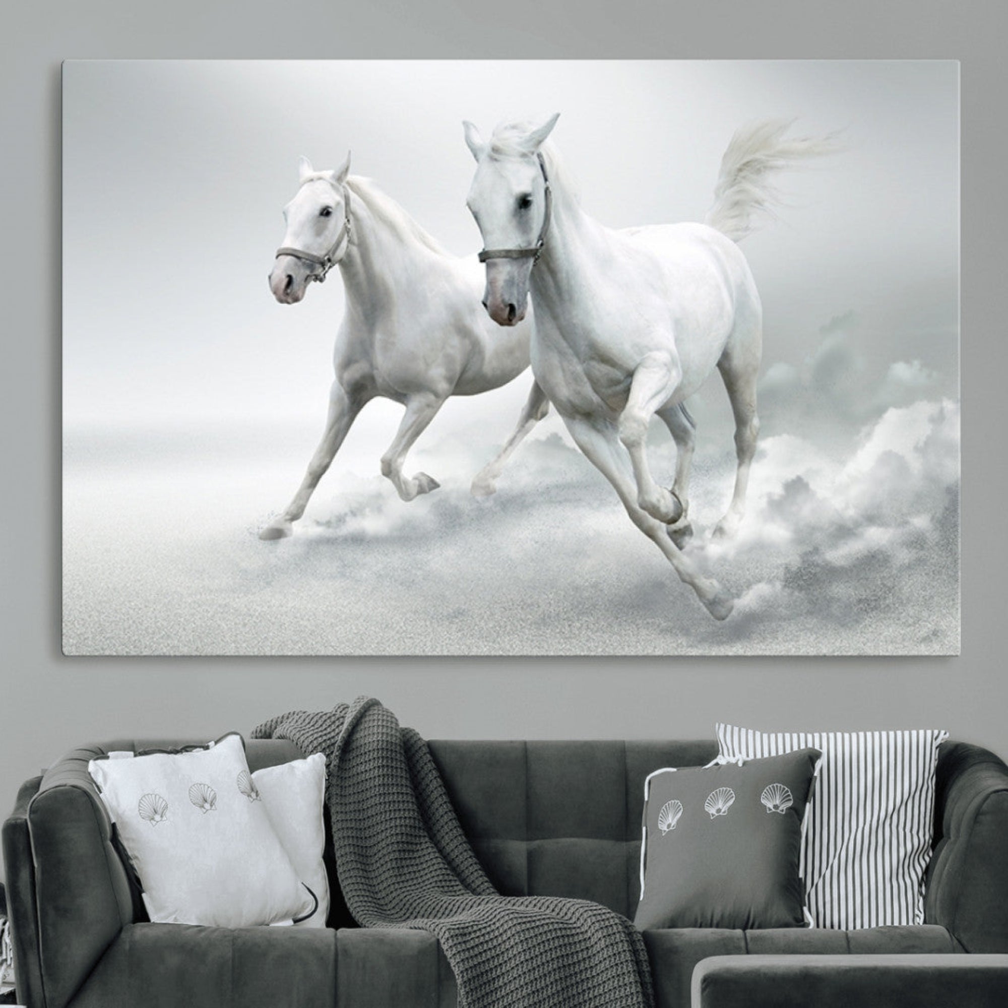 -Large Wall Art Canvas Print – Beautiful Running White Horses Animal Artwork for Home, Office, Living Room