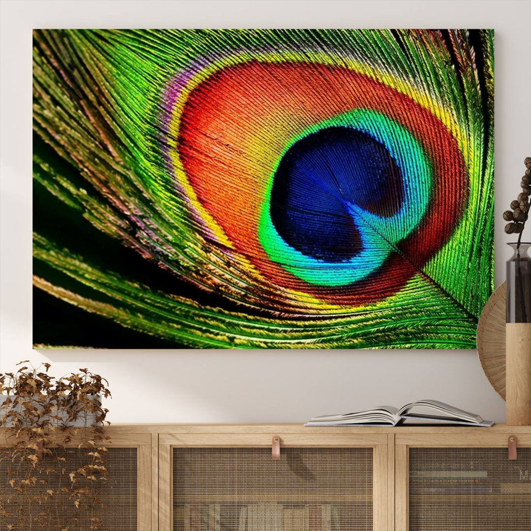 The Colorful Peacock Feather Wall Art Print graces the wall.