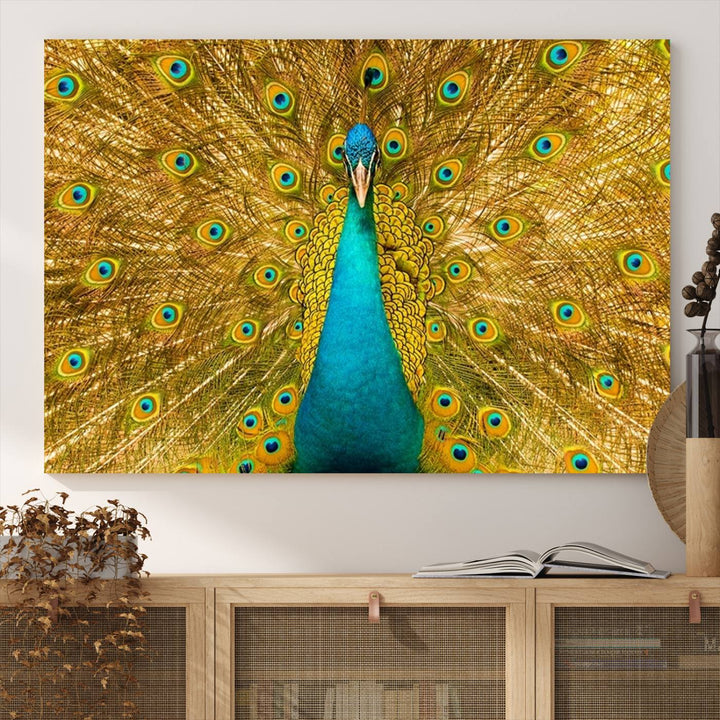 The Peacock Wall Art Canvas Print adorns a bright wall.