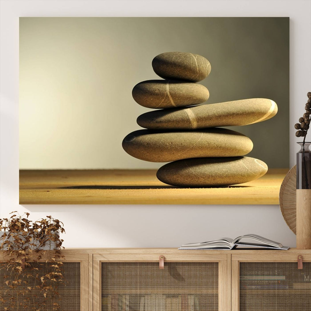 The Yellow Zen Stones on Yellow Background Wall Art is a striking feature in this minimalist kitchen.