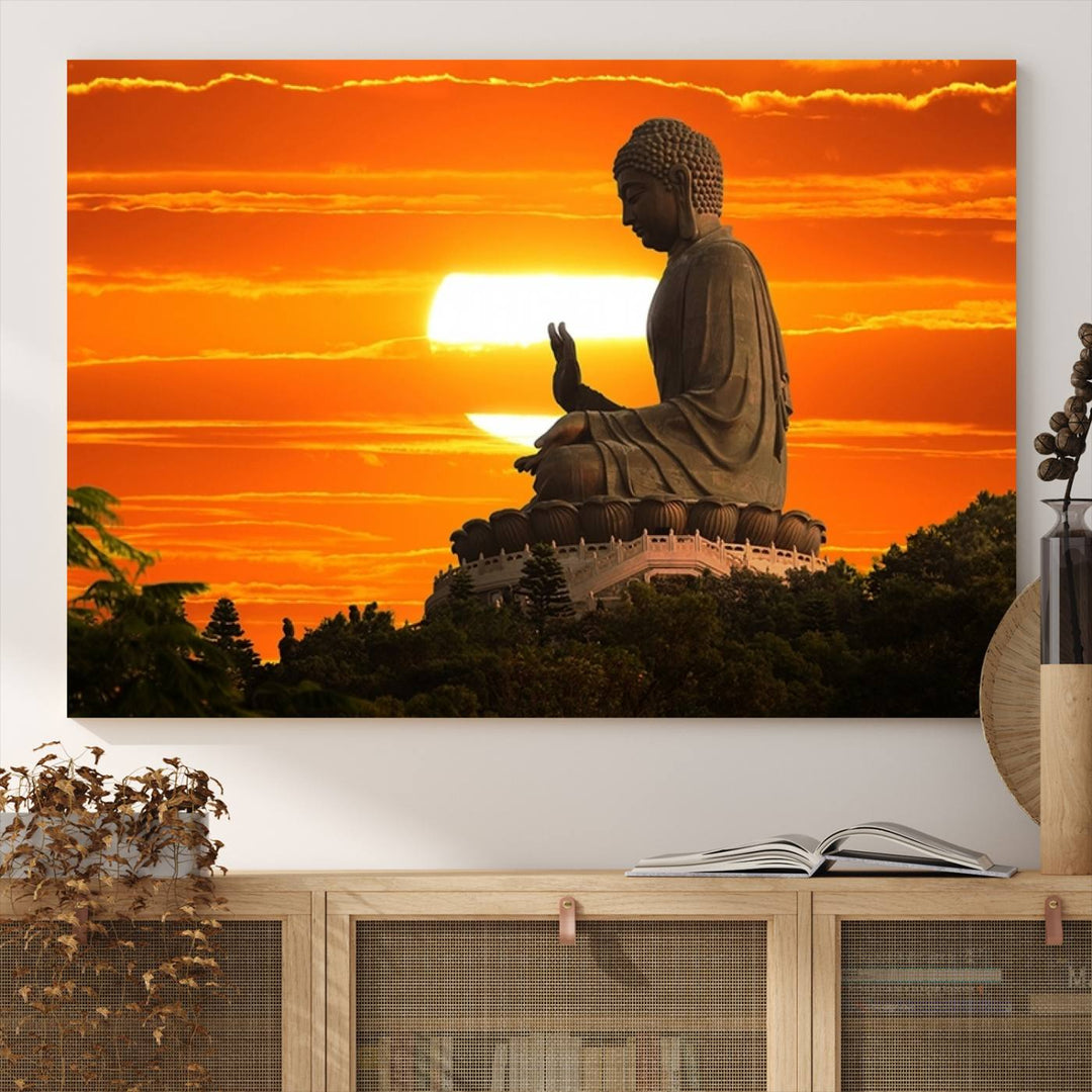 The Buddha Statue at Sunset canvas print adds serenity to the space.