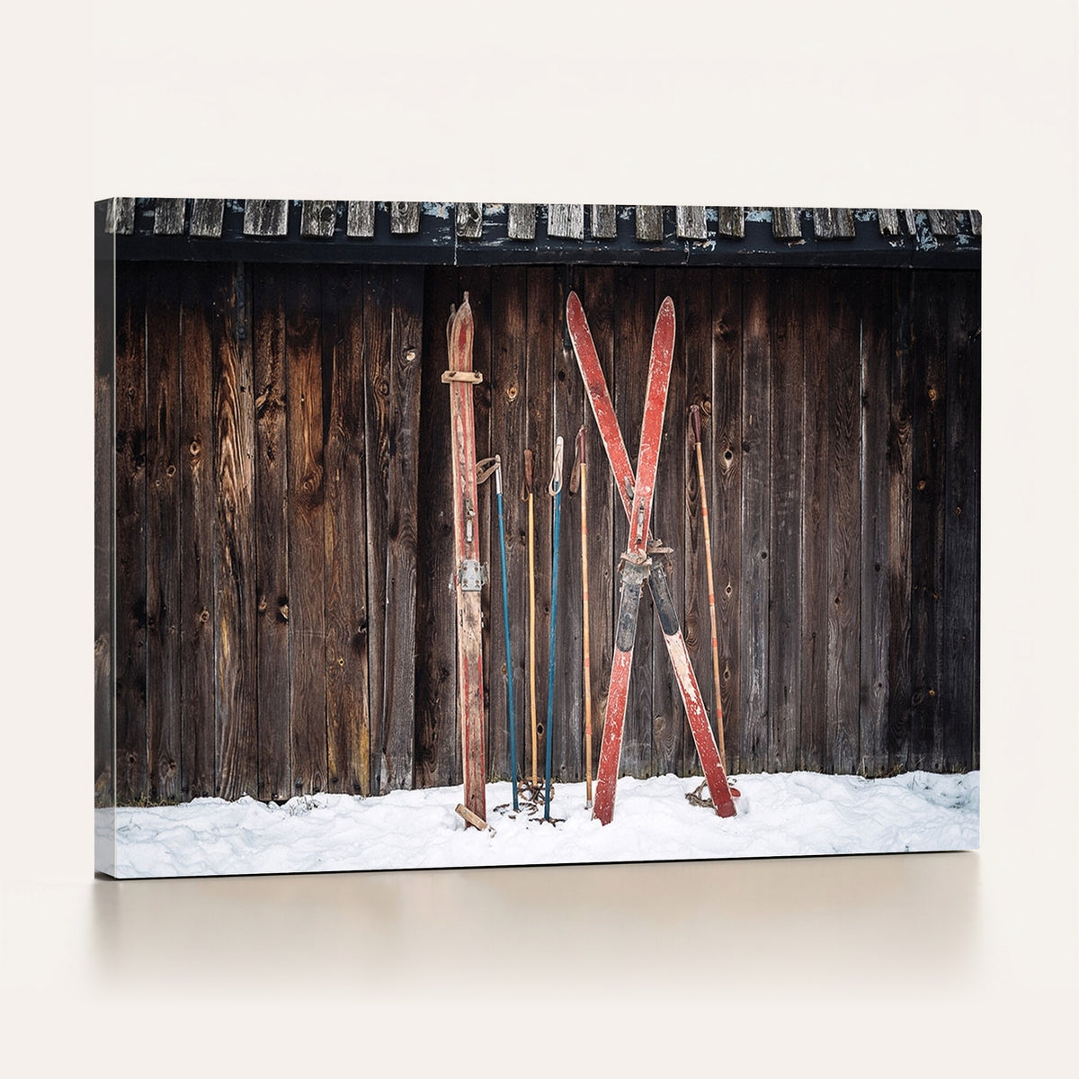 78590-MGV-CV-36X24 - Vintage Ski Gear Canvas Print, Vintage Ski Gear Against Wooden Cabin Wall
