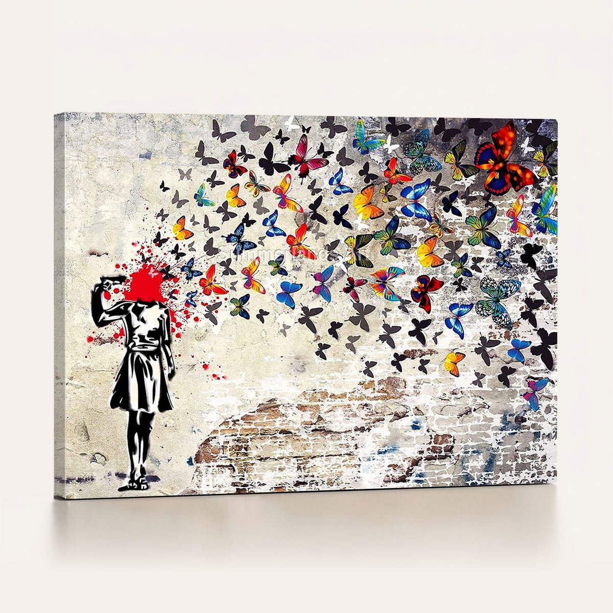 88654-MGV-CV-24X16 - Banksy Art Butterfly Girl Explosion Canvas Art, Vibrant Urban Graffiti for Modern Interiors