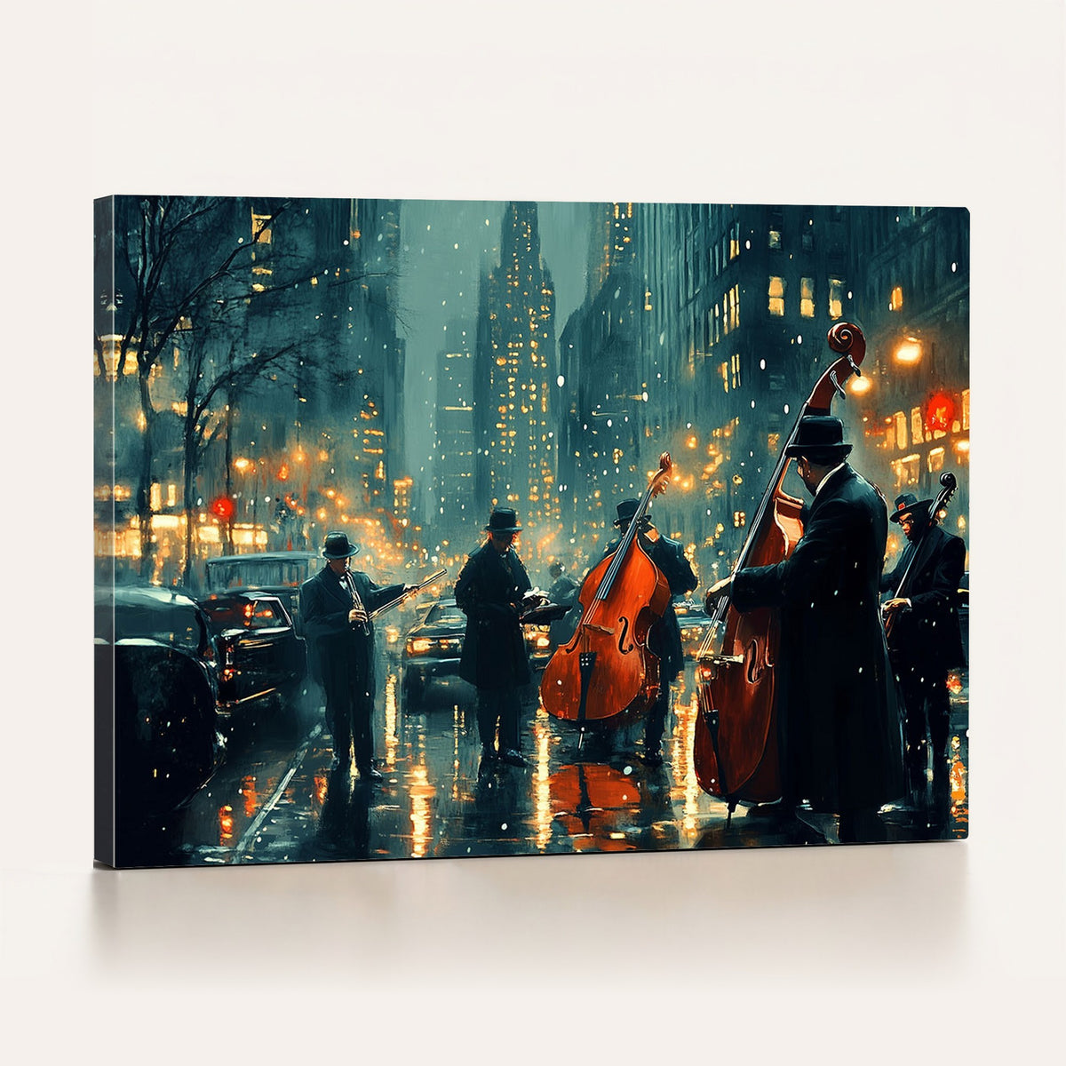 53391-MGV-CV-24X16 - Urban Night Jazz Wall Art Canvas Print | Moody Rain Soaked City Street Band Scene