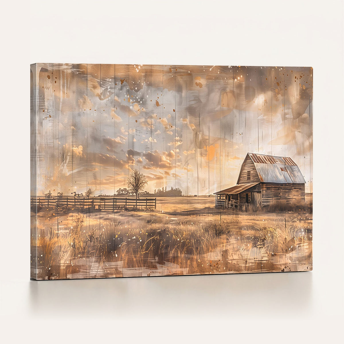 FARM2-MGV-CV-24X16 - Rustic Farmhouse Wall Art Canvas Print | Barn and Field Vintage Country Landscape