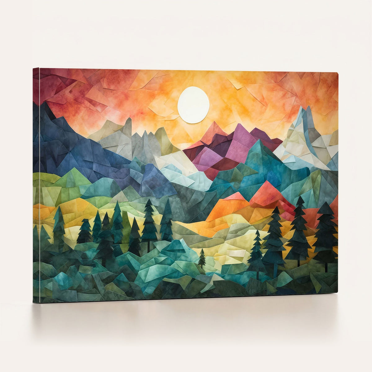 90654-_Poster-30x20 - Colorful Abstract Mountain Wall Art Canvas Print, Geometric Vibrant Sunlit Forest Landscape