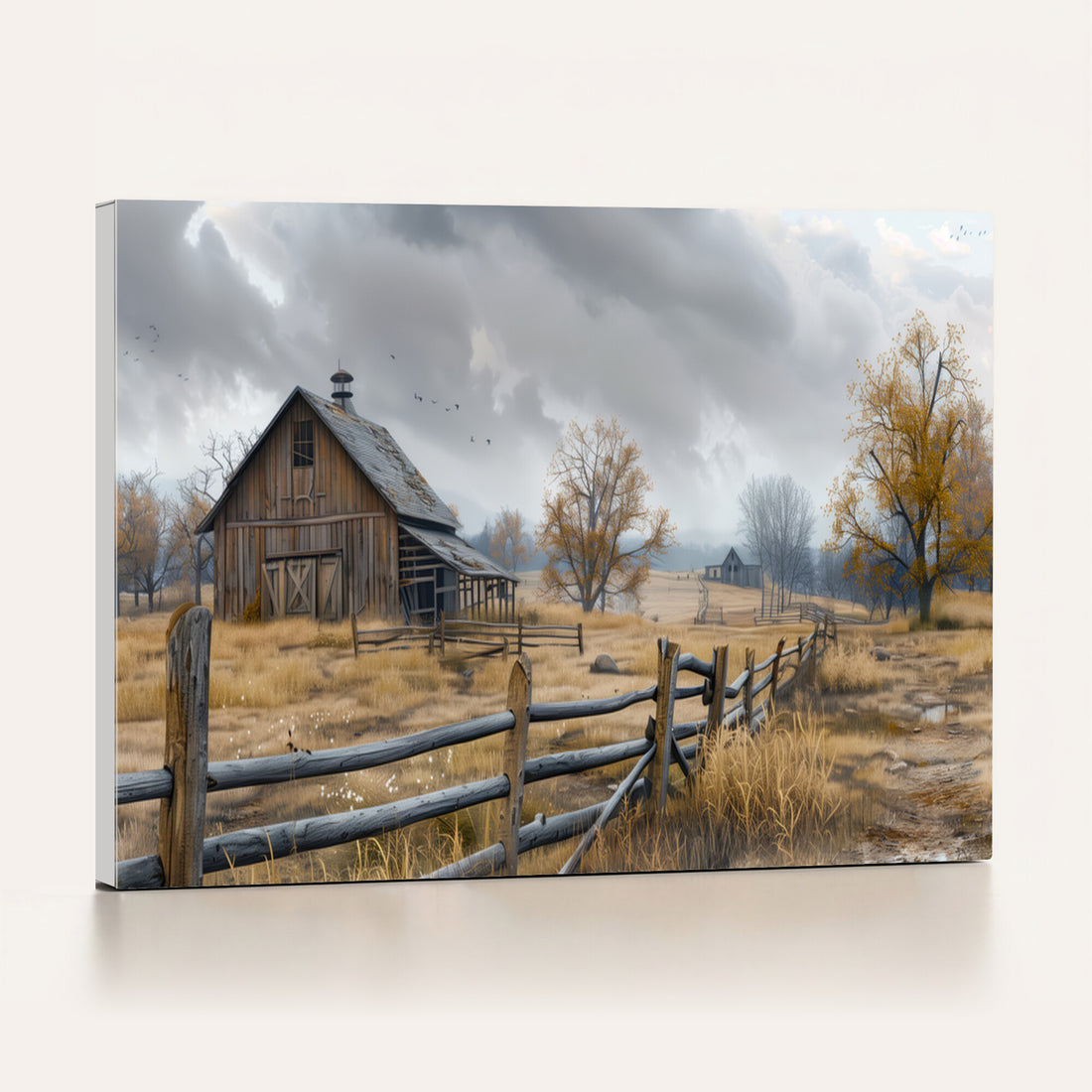 Rustic Autumn Farmhouse Wall Art Canvas Print | Serene Countryside with Weathered Barn
