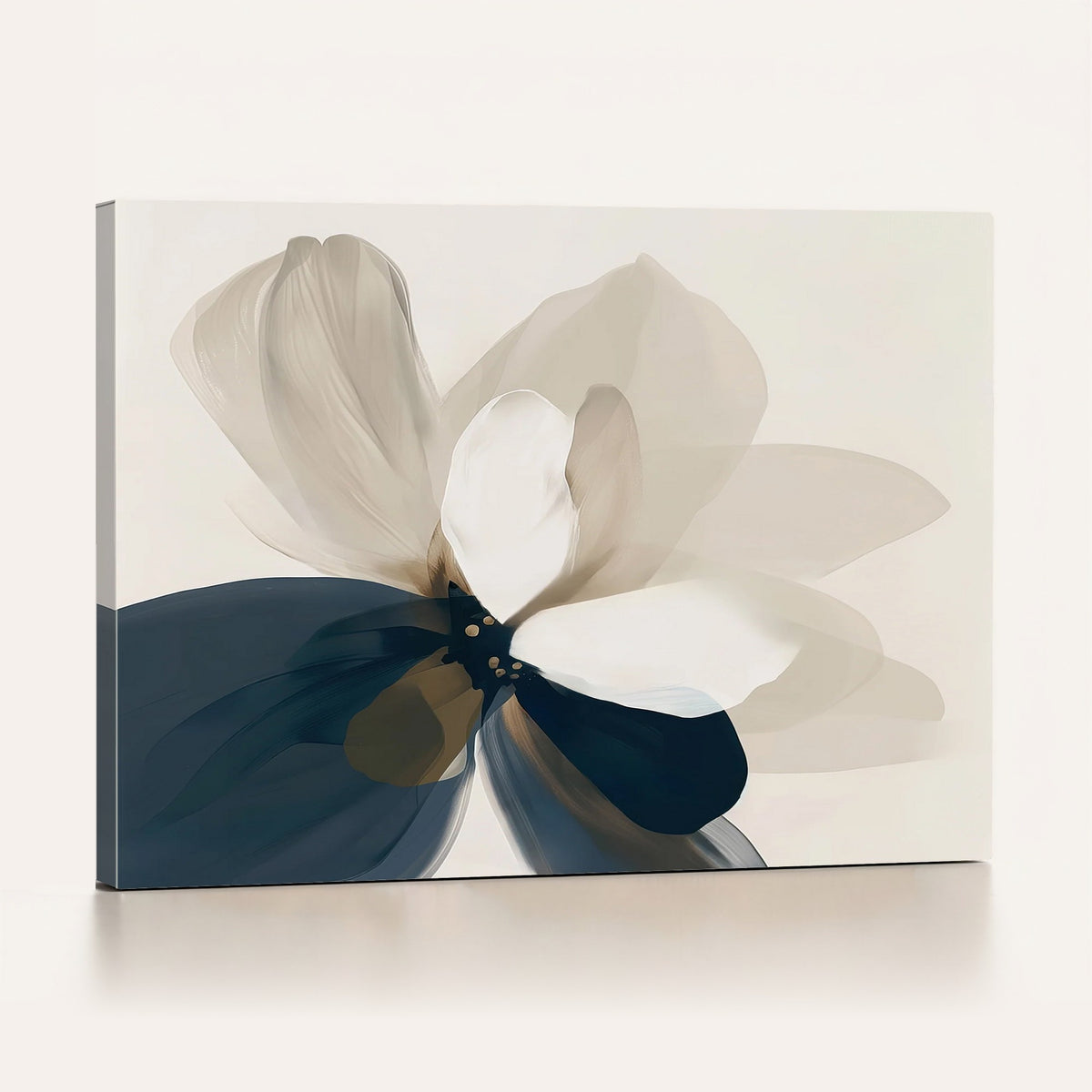 42188901-MGV-CV-24X16 - Minimal Flower Wall Art Canvas Print | Framed Beige and Navy Bloom
