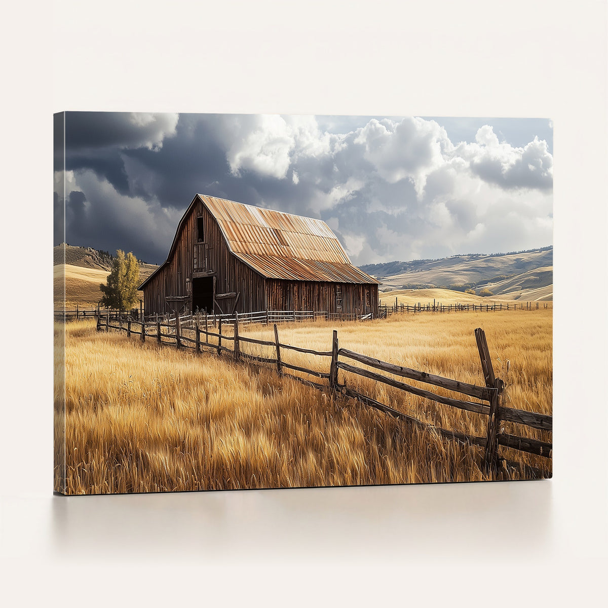 38758826-MGV-CV-24X16 - Rustic Barn Wall Art Canvas Print, Framed Moody Barn Golden Field Farmhouse Art