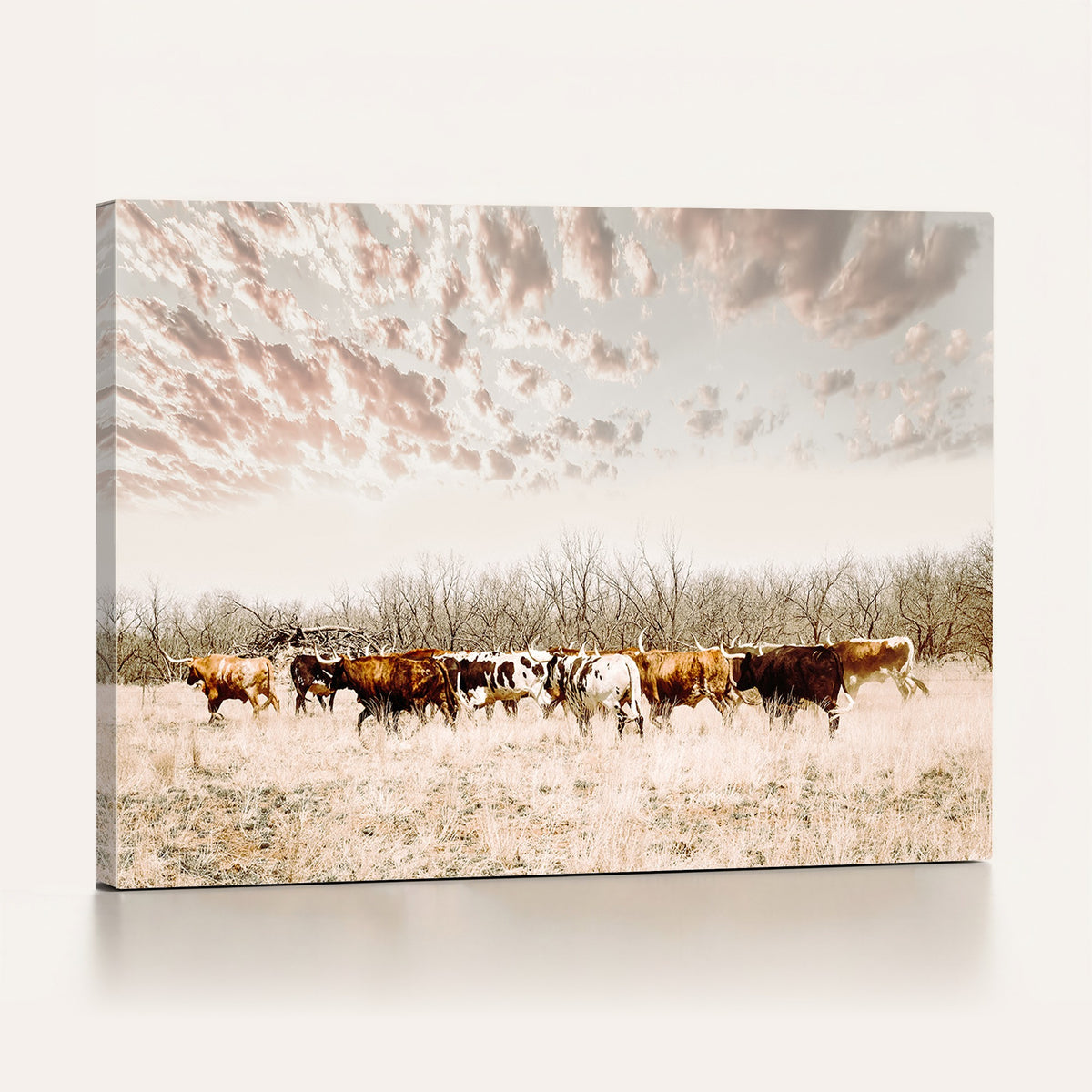 64892775-MGV-CV-24X16 - Longhorn Cattle Wall Art Canvas Print, Framed Texas Ranch Art, Western Cow Print, Prairie Landscape Decor