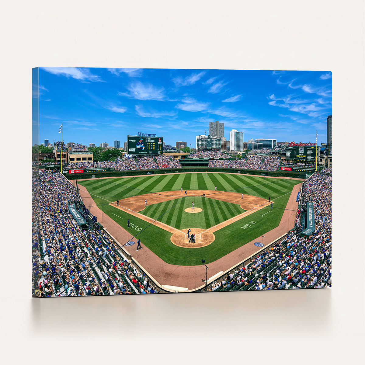 35800083-MGV-CV-36X24 - Wrigley Field Baseball Stadium Canvas Wall Art – Packed Crowd Sports Stadium City Skyline Artwork for Home Office