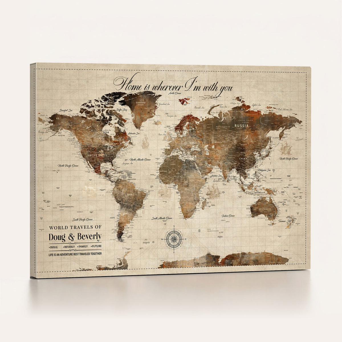94399474-MGV-CV-36X24 - Large Custom Framed Beige Vintage World Travel Map Wall Art with Pins, Couples Countries Visited Map, Living Room and Hallway Decor