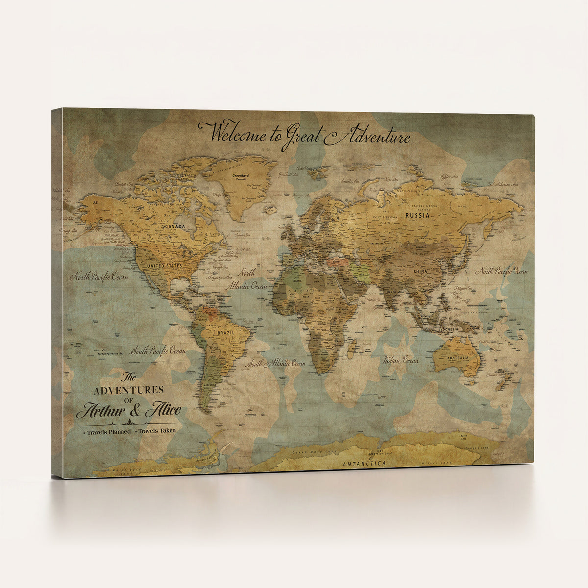 37903085-MGV-CV-36X24 - Custom Black Vintage Push Pin Travel Map Canvas Print, Kids Room Travel Map with Pins