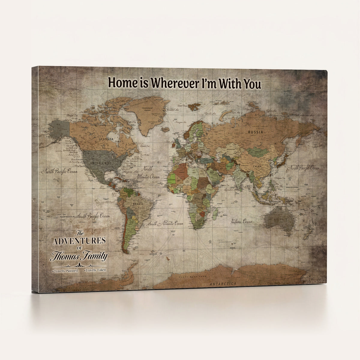 22593671-MGV-CV-36X24 - Personalized Beige Geometric World Map Canvas with Push Pins, Next Trip Planner Map, Study and Entryway Decor