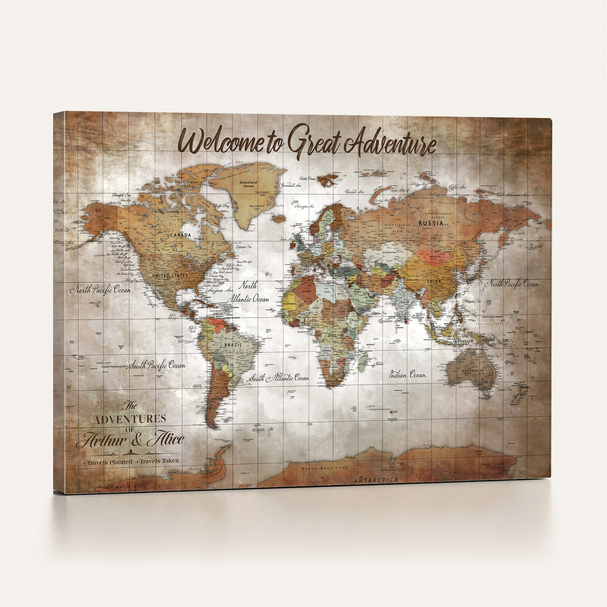 94821994-MGV-CV-36X24 - Personalized Beige Vintage Push Pin Travel Map Canvas Print, Honeymoon and Anniversary Gift, Dining Room and Study Decor