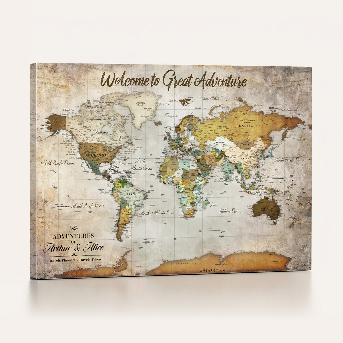 33043195-MGV-CV-36X24 - Personalized Beige World Travel Map Wall Art with Pins, Family Travel Tracker, Family Room and Study Decor