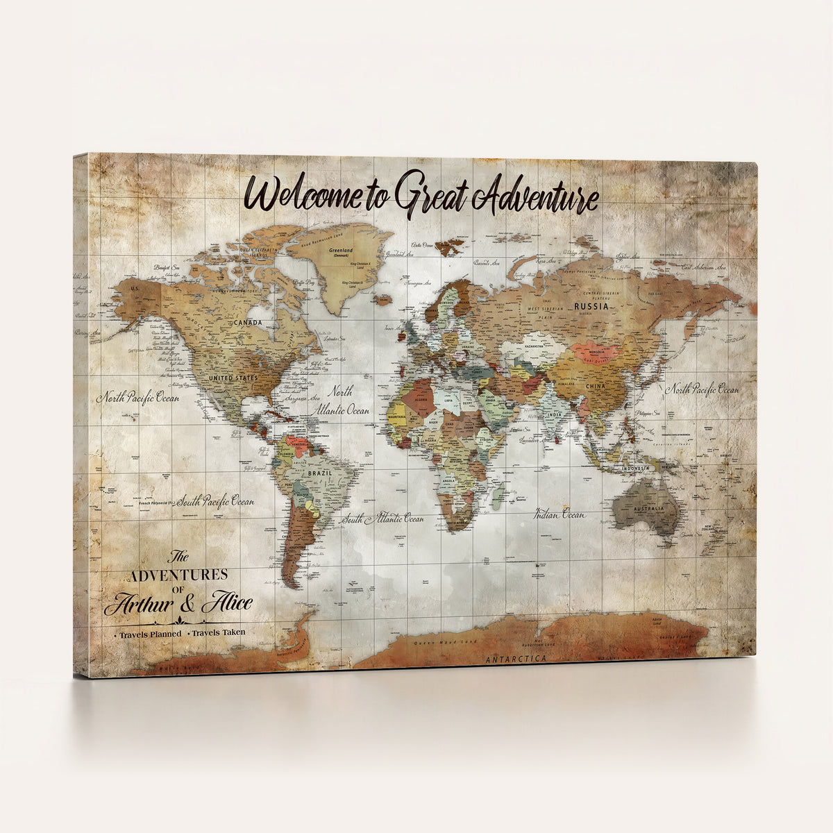 22906161-MGV-CV-36X24 - Personalized Beige Push Pin World Map Wall Art, Bucket List Map, Living Room and Family Room Decor