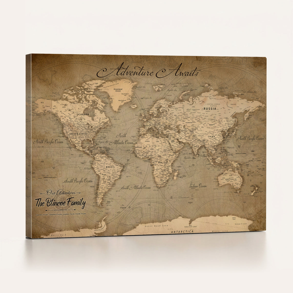 59418012-MGV-CV-36X24 - Personalized Framed Beige World Travel Map Wall Art with Pins, Family Travel Tracker, Family Room and Entryway Decor