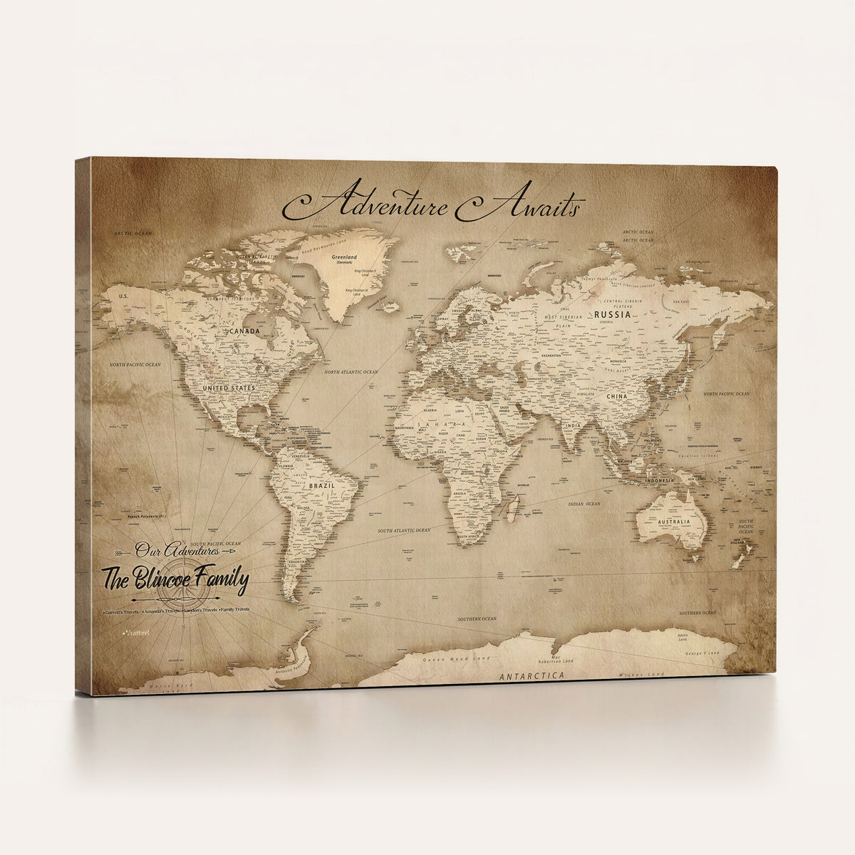 59757370-MGV-CV-36X24 - Personalized Black Modern Push Pin World Map Wall Art, Places Visited Tracker, Family Room and Bedroom Decor