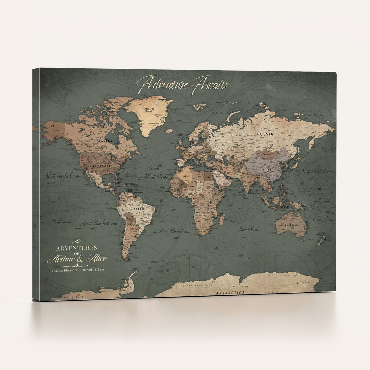 24734446-MGV-CV-36X24 - Personalized Framed Beige Modern World Map Canvas with Push Pins, Bucket List Map, Family Room and Dining Room Decor