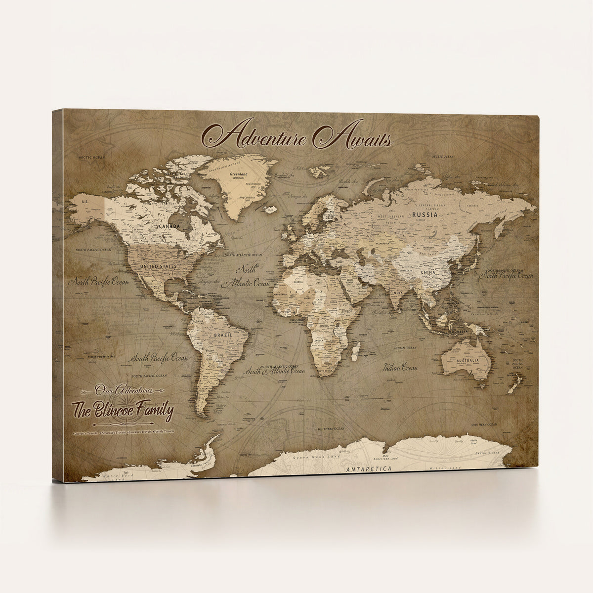 96775856-MGV-CV-36X24 - Custom Beige Modern Push Pin World Map Canvas Print, Family Travel Tracker, Dining Room and Home Office Decor